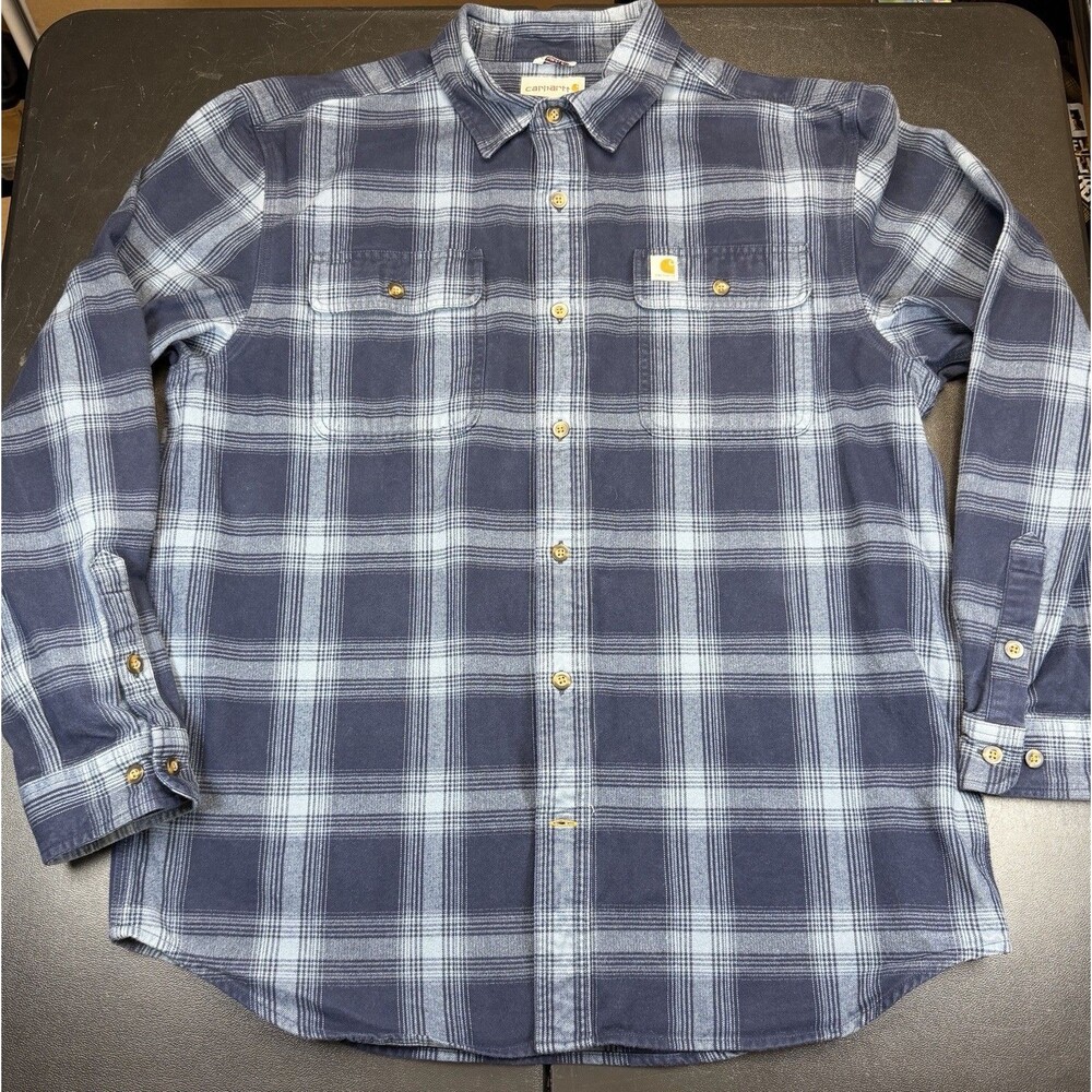 Carhartt Shirt Mens L Blue Hubbard Plaid Flannel Shirt Work Utility Button Up
